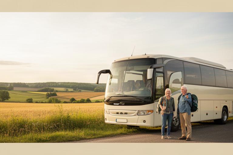 Senioru pāris pie tūrisma autobusa ar mugursomām saulainā Latvijas lauku ainavā