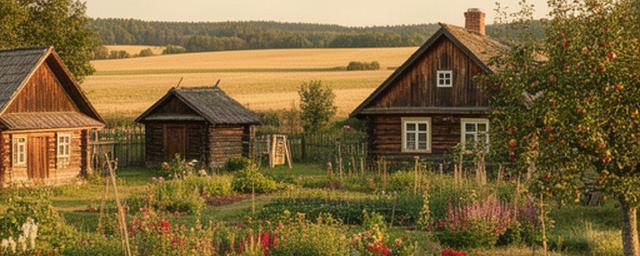 Latgales lauku sēta ar dārzu un koka ēkām vasaras saulē