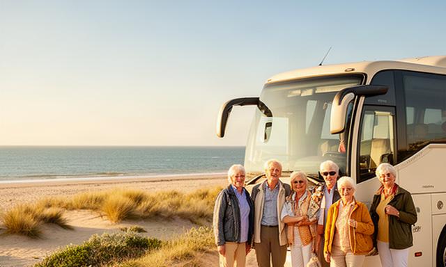 Laimīgi seniori pie autobusa piejūras ainavā saulainā ceļojuma dienā