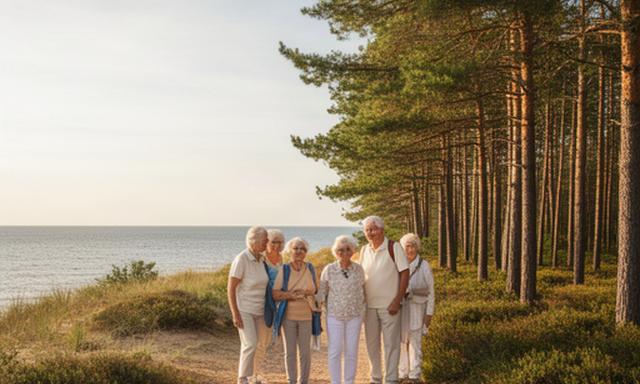 Senioru ceļotāji pie jūras stāv piejūras takā ar priežu mežu fonā